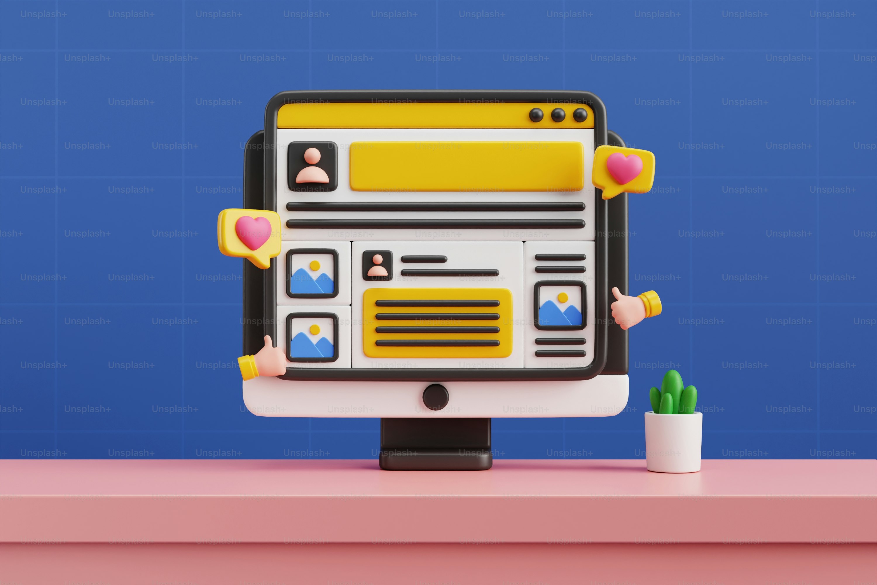 A computer screen with a keyboard and a cactus